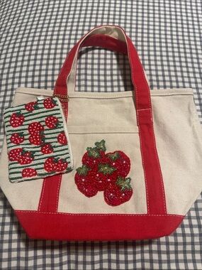 Neutral Canvas Tote with Red Trim and Strawberry Applique